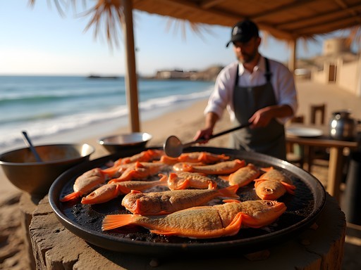 Fresh seafood being prepared at a local beachside restaurant in Dahab