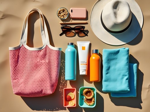 Beach bag packed with sunscreen towels and water bottles for Dallas lake day