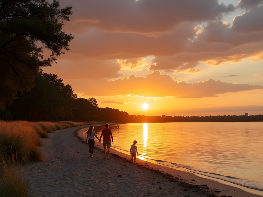Sunset over Lake Grapevine beach with families relaxing on sandy shore