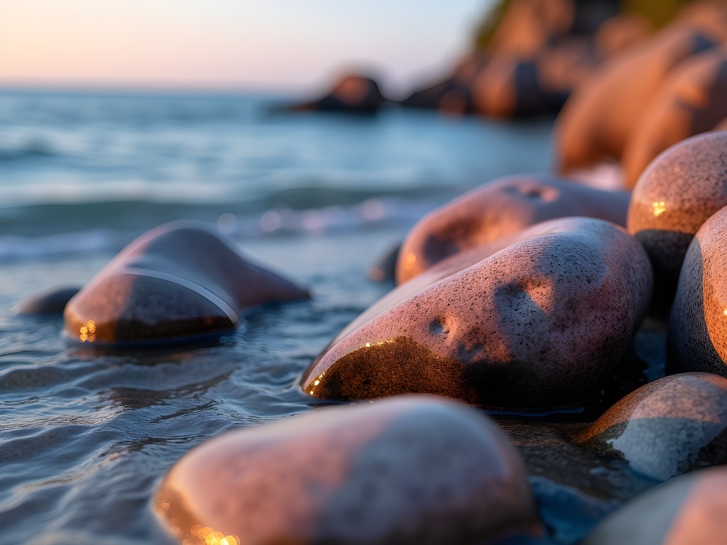 Smooth pink granite rock formations at Brighton Beach with Lake Superior waves