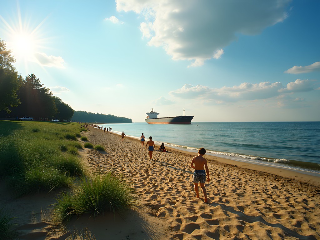 Leif Erikson Park Beach with ore freighter passing in the distance on Lake Superior