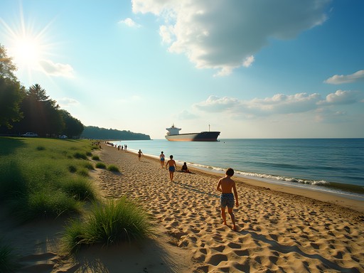 Leif Erikson Park Beach with ore freighter passing in the distance on Lake Superior