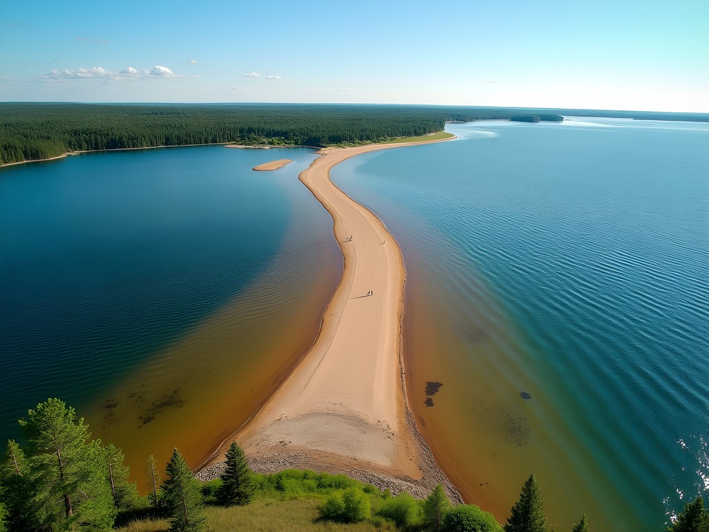 Confluence of amber-colored Lester River flowing into blue Lake Superior