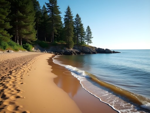 Secluded Secret Beach on Minnesota Point with pine forest backdrop