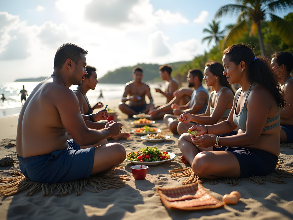 Local Marshallese community gathering on Ebeye beach with traditional mats and food sharing