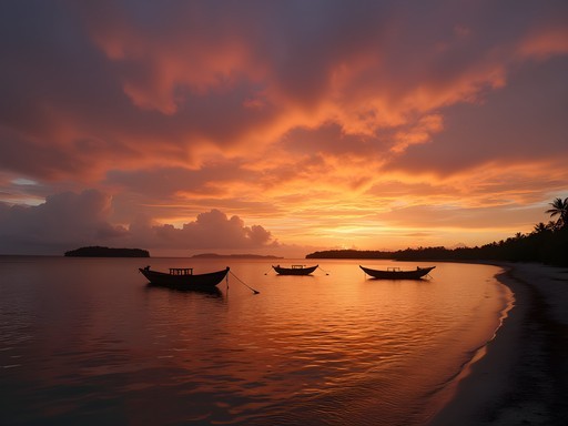 Spectacular sunrise over Ebeye's eastern shoreline with silhouettes of fishing boats