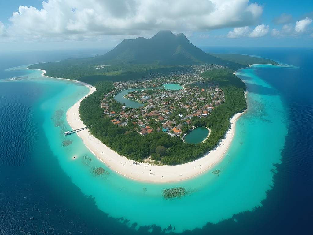 Aerial view of Ebeye Island in the Marshall Islands showing dense settlement and surrounding waters