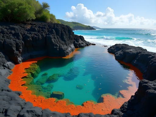 Natural tidal pool with orange-red coral and clear water on Ebeye's eastern shore