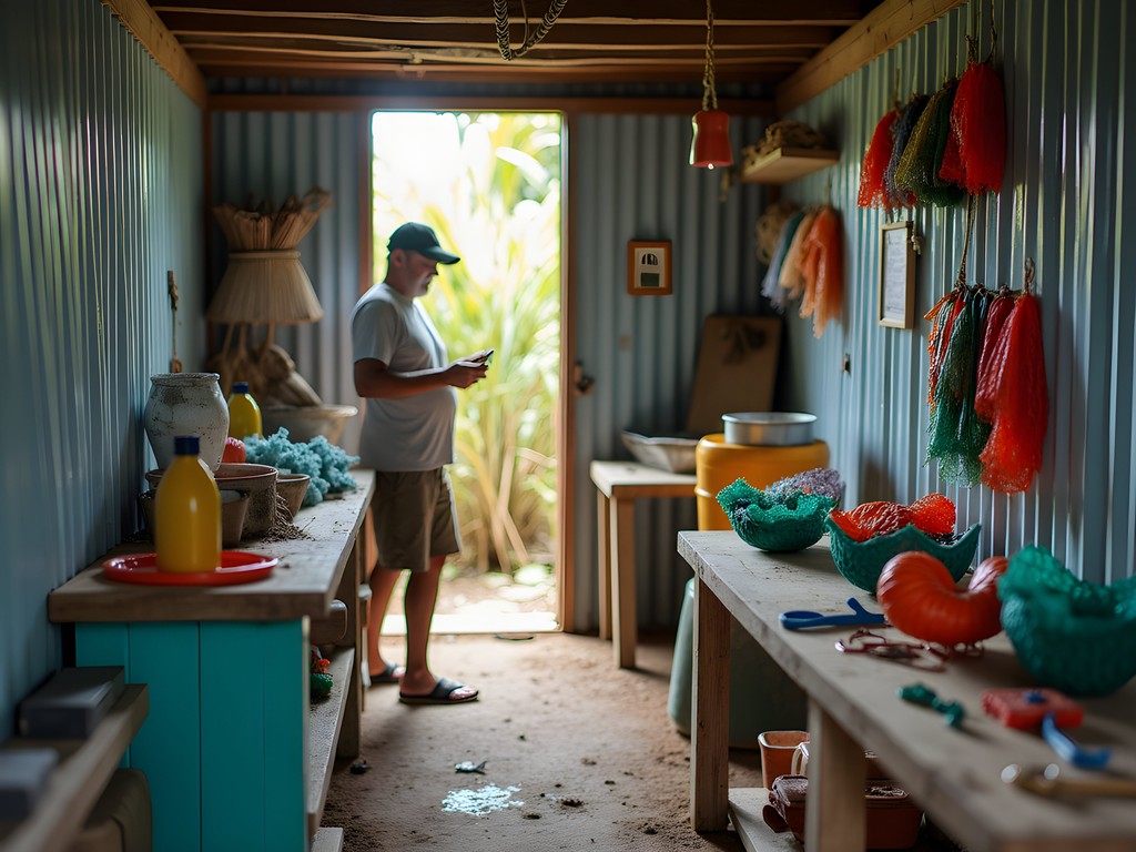 Local artisans transforming beach plastic waste into useful items in Ebeye workshop