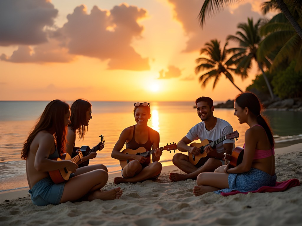 Sunset beach gathering with local musicians on Mon Konat beach in Ebeye