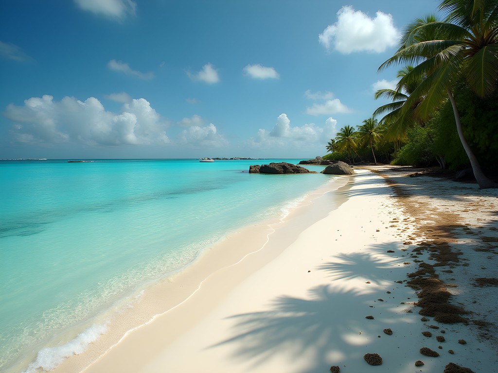 Secluded northern beach on Ebeye Island with calm lagoon waters and coral fragments on shore