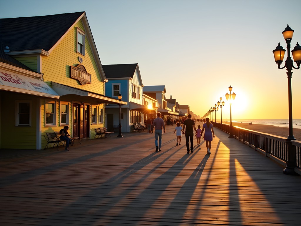 Asbury Park boardwalk at sunset with colorful buildings