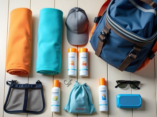 Organized layout of essential beach day trip gear