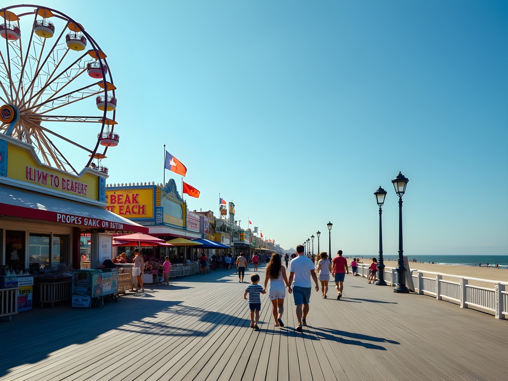 Point Pleasant Beach boardwalk with colorful amusement rides