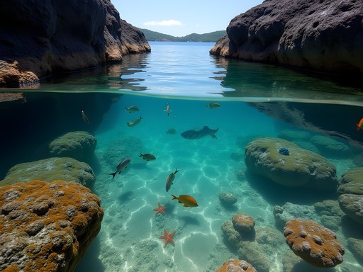 Natural tide pool at Praia do Atalaia with colorful fish visible in crystal clear water