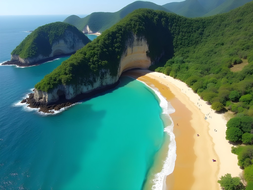 Aerial view of Baía do Sancho beach in Fernando de Noronha with turquoise waters and surrounding cliffs