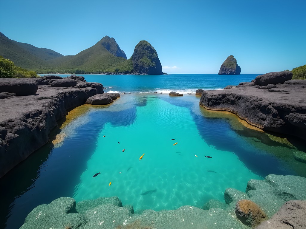 Natural swimming pool at Baía dos Porcos with Dois Irmãos rock formation in background