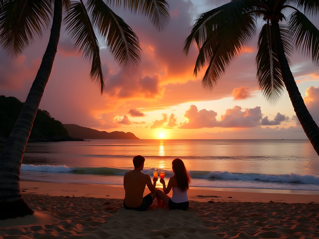 Couple enjoying sunset drinks at Praia da Conceição with palm trees and colorful sky