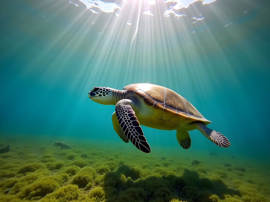 Snorkeler observing a green sea turtle in the clear waters of Praia do Sueste