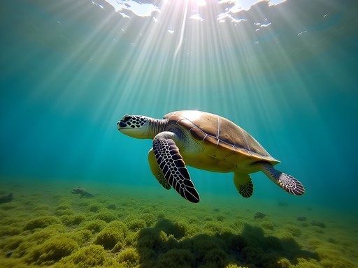 Snorkeler observing a green sea turtle in the clear waters of Praia do Sueste