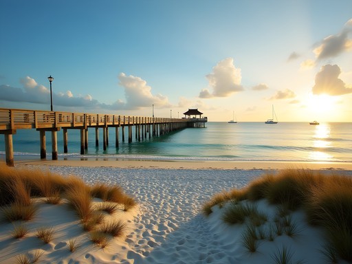 Dania Beach Pier at sunrise with few visitors and calm waters