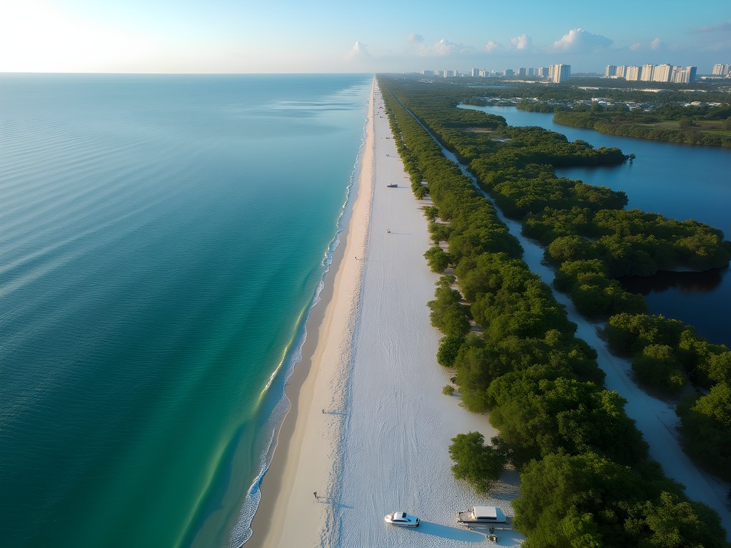 Aerial view of Dr. Von D. Mizell-Eula Johnson State Park showing the natural beach and mangroves