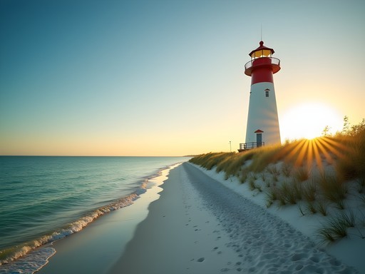 Pompano Beach lighthouse at sunrise with calm waters and few beachgoers