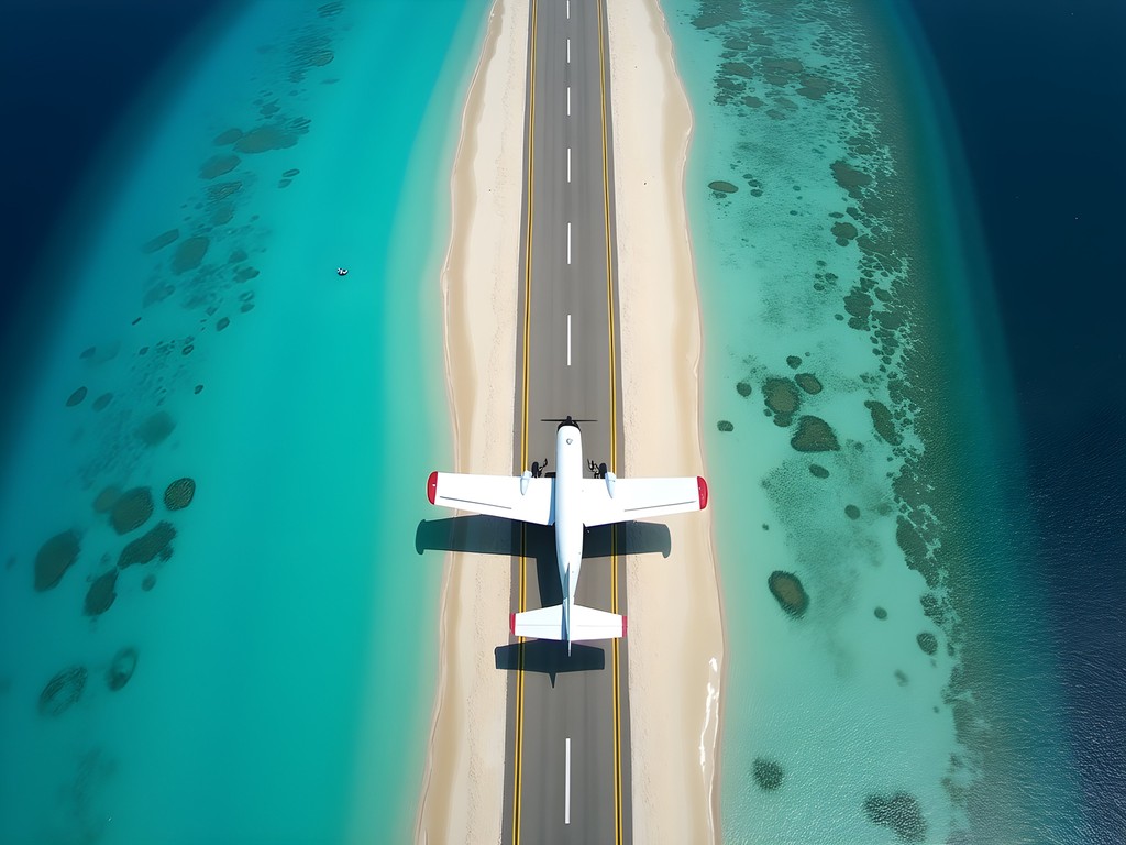 Fiji Airways plane landing on Funafuti's narrow airstrip surrounded by ocean