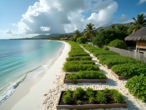 Coastal protection measures and raised gardens in Funafuti showing climate adaptation