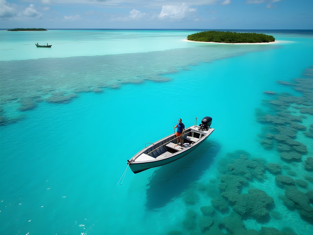 Small boat crossing Funafuti's vast turquoise lagoon between islets