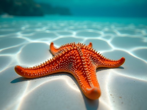 Red cushion sea star in shallow clear water at Starfish Point, Grand Cayman
