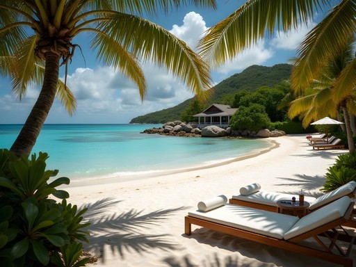 Luxury beach setup at Diplomat's Retreat in Georgetown with wooden loungers