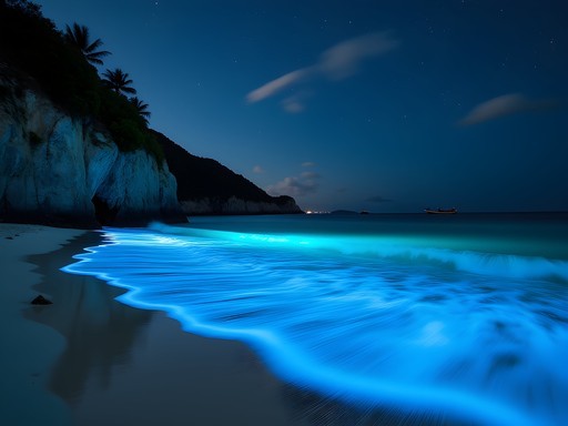 Bioluminescent waves at Moonlight Bay in Georgetown at night