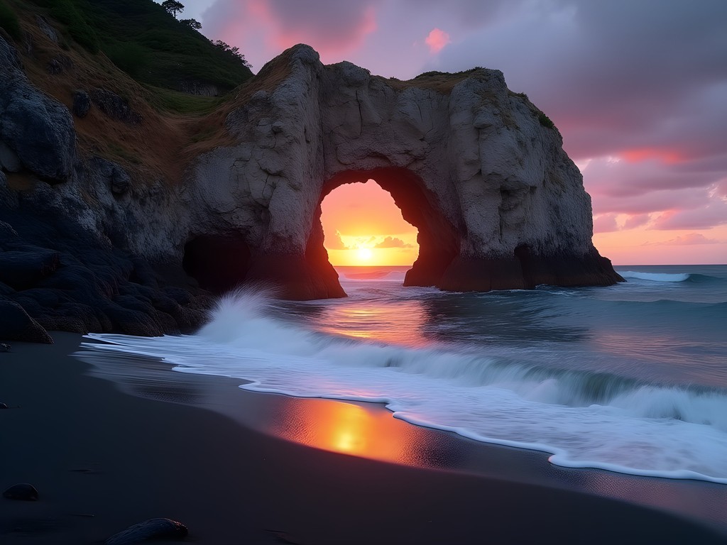 Sunset through the natural stone arch at Mystic Point in Georgetown