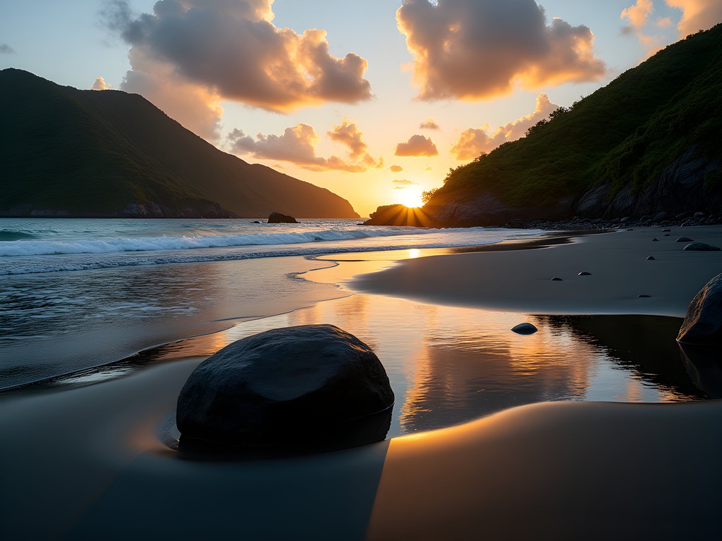 Secluded Whisper Beach at sunset with magnetic sand patterns in Georgetown