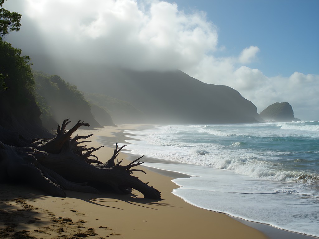 Dramatic driftwood sculptures on empty Atlantic beach with morning mist and volcanic headlands