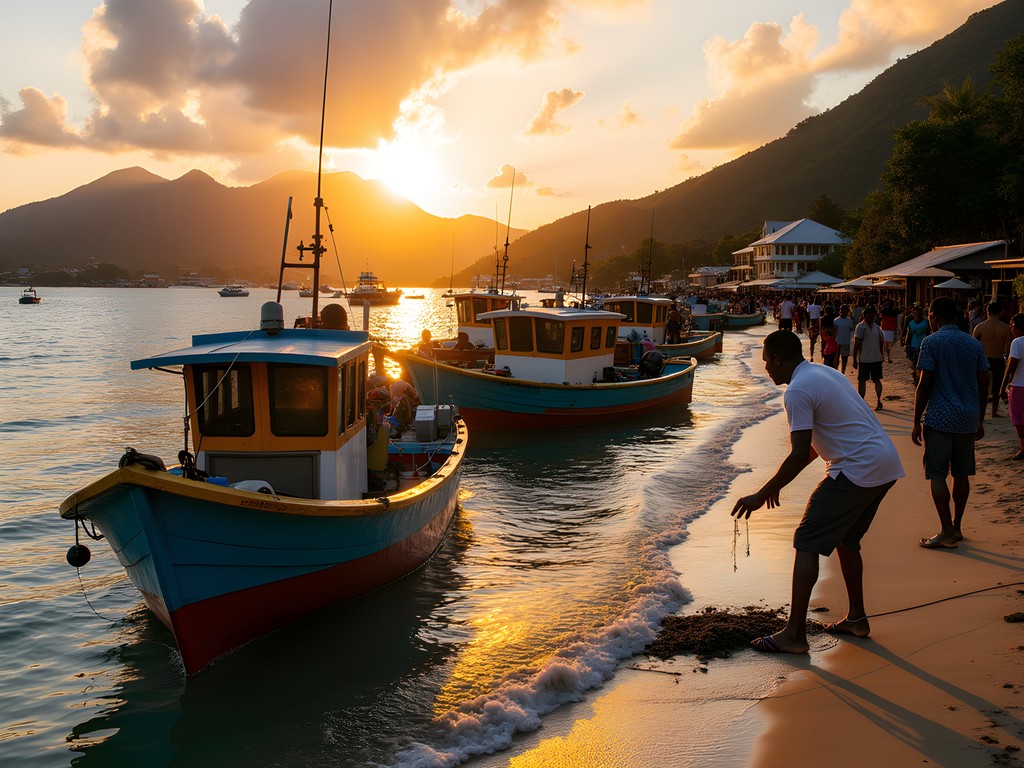 Colorful fishing boats returning to Georgetown Bay at sunset with fishermen unloading catch