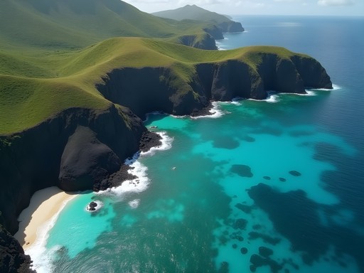 Aerial view of secluded coves along North Point's dramatic volcanic coastline