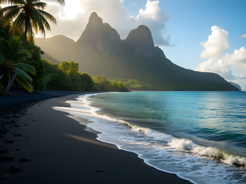 Black volcanic sand beach with turquoise waters at Richmond Beach near Georgetown