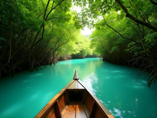 Wooden boat navigating through narrow channel between lush mangroves to hidden lagoon