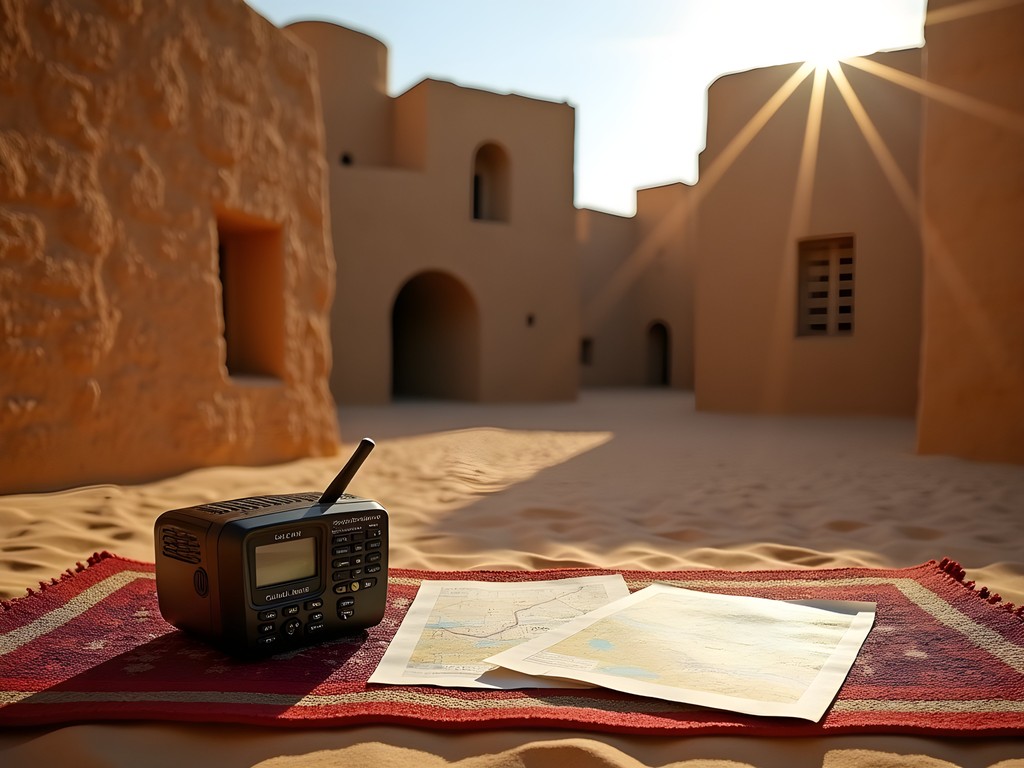 Ancient mud-brick architecture of Ghadames with travel preparation gear
