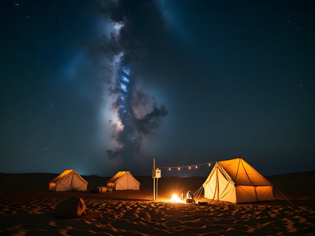 Desert camp at night under star-filled sky in Libyan desert