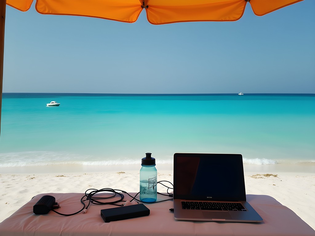 Mobile work setup on pristine Mediterranean beach with traveler coding