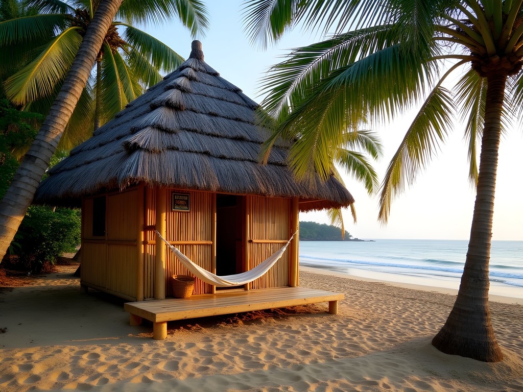 Simple bamboo beach hut accommodation overlooking a secluded beach in South Goa