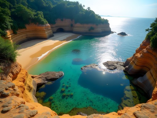 Natural rock pools at low tide on secluded Kakolem Beach in Goa