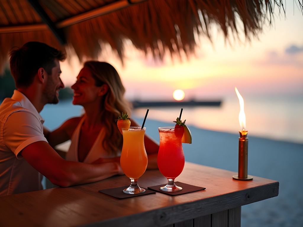Couple enjoying cocktails at exclusive beach club with ocean view at sunset