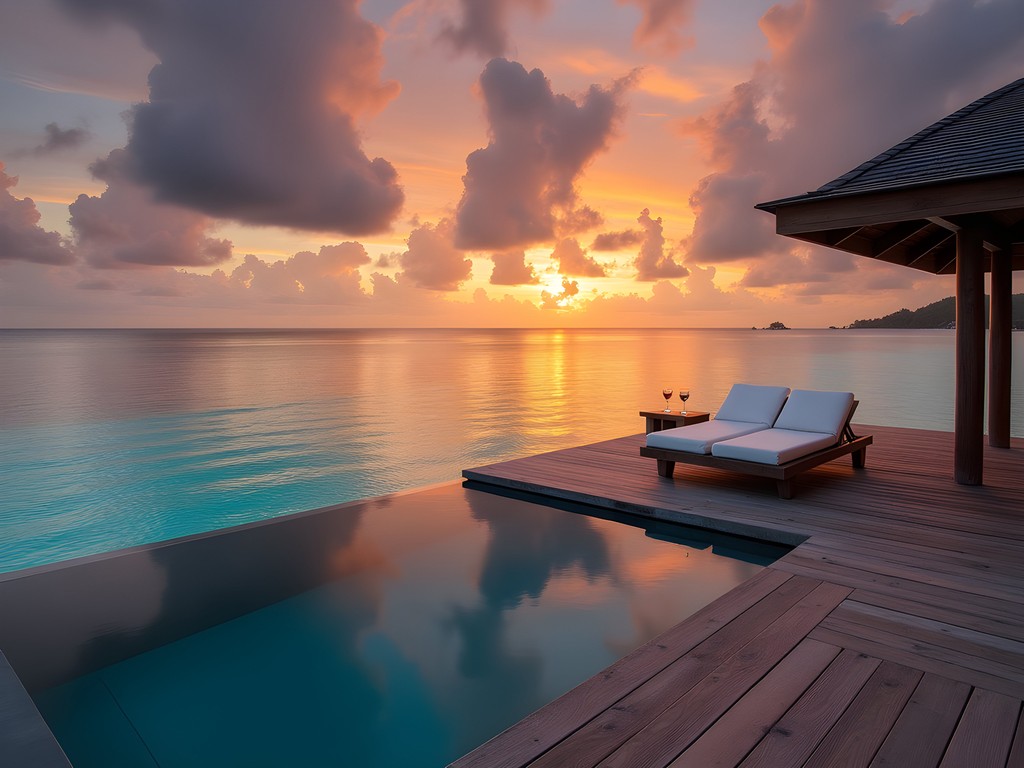 Luxury overwater villa with private infinity pool at sunset in Maldives