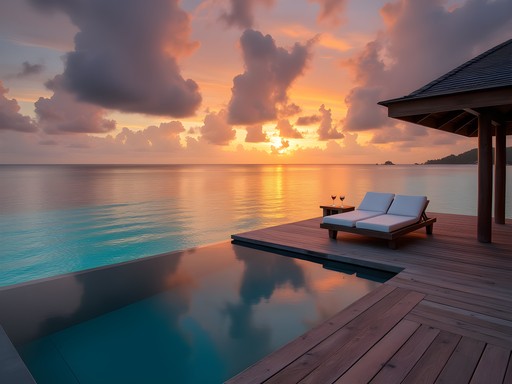 Luxury overwater villa with private infinity pool at sunset in Maldives