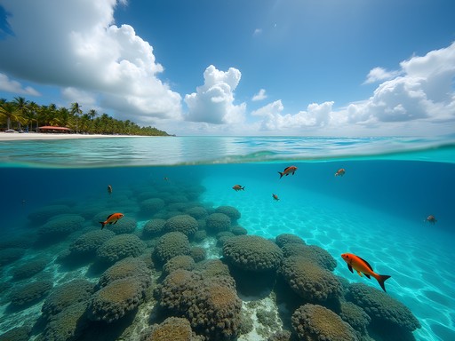 Split-level underwater photography showing coral reef below and blue sky above