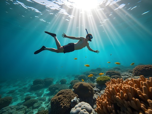Man snorkeling above vibrant coral formations in crystal clear Maldivian waters